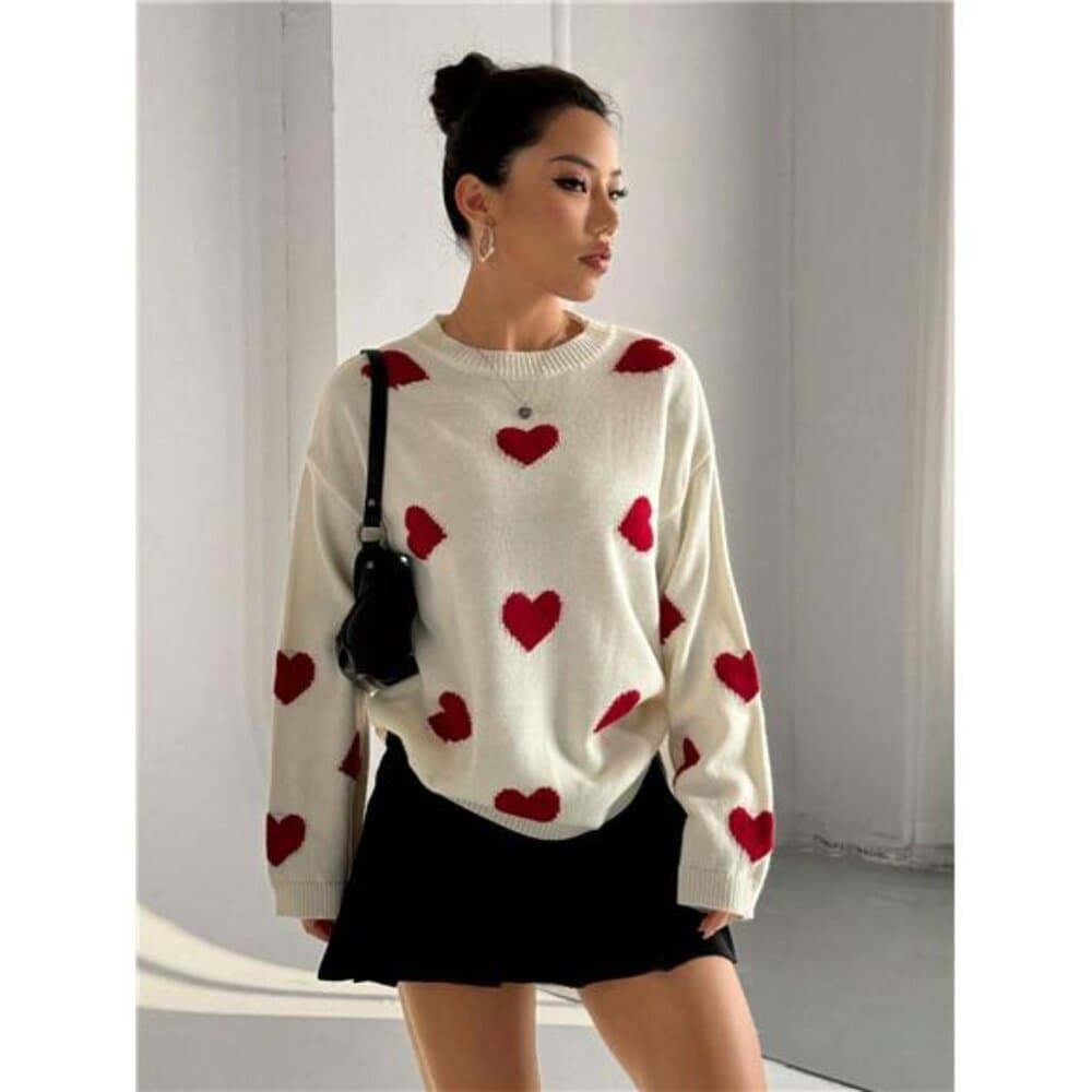 Colorblock Heart Graphic Loose Pullover Sweater, Casual For Autumn/Winter - Thumbnail 3