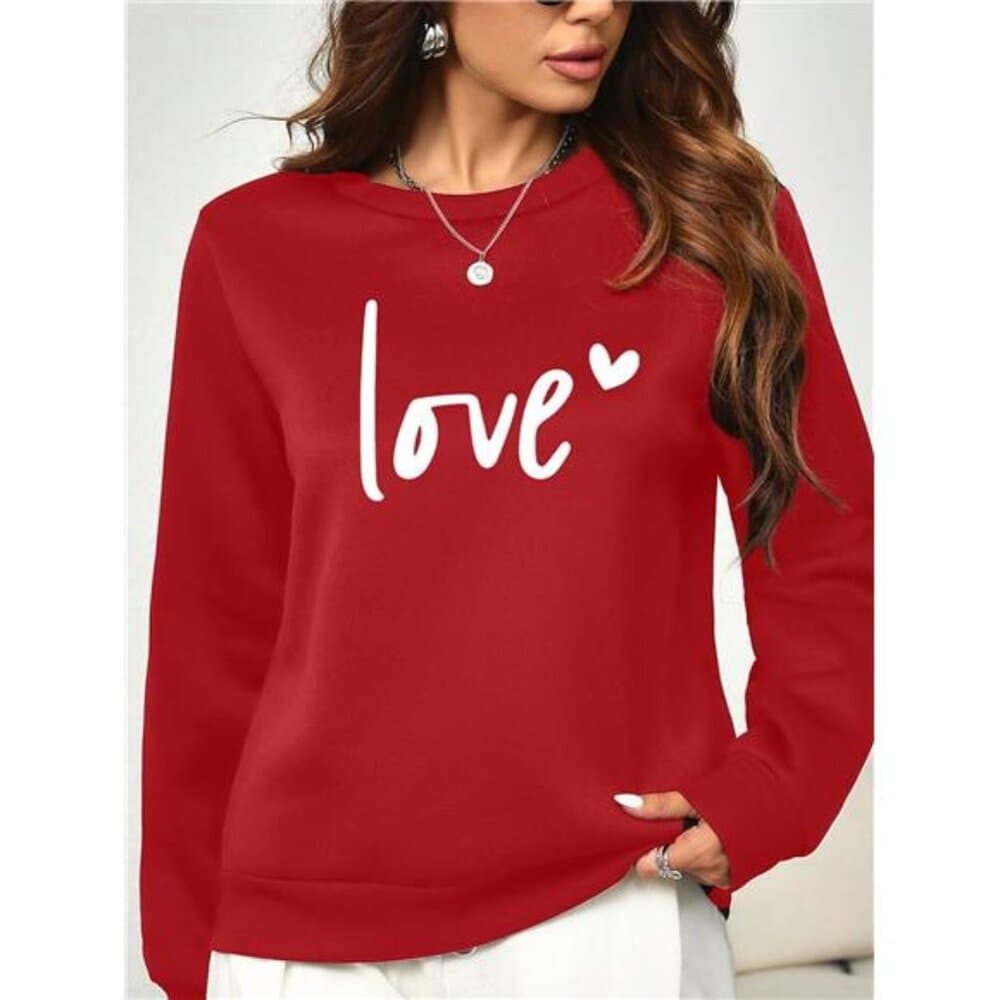 Red Women's 'love' Letter Heart-Shaped Pattern Printed Round Neck - Thumbnail 12