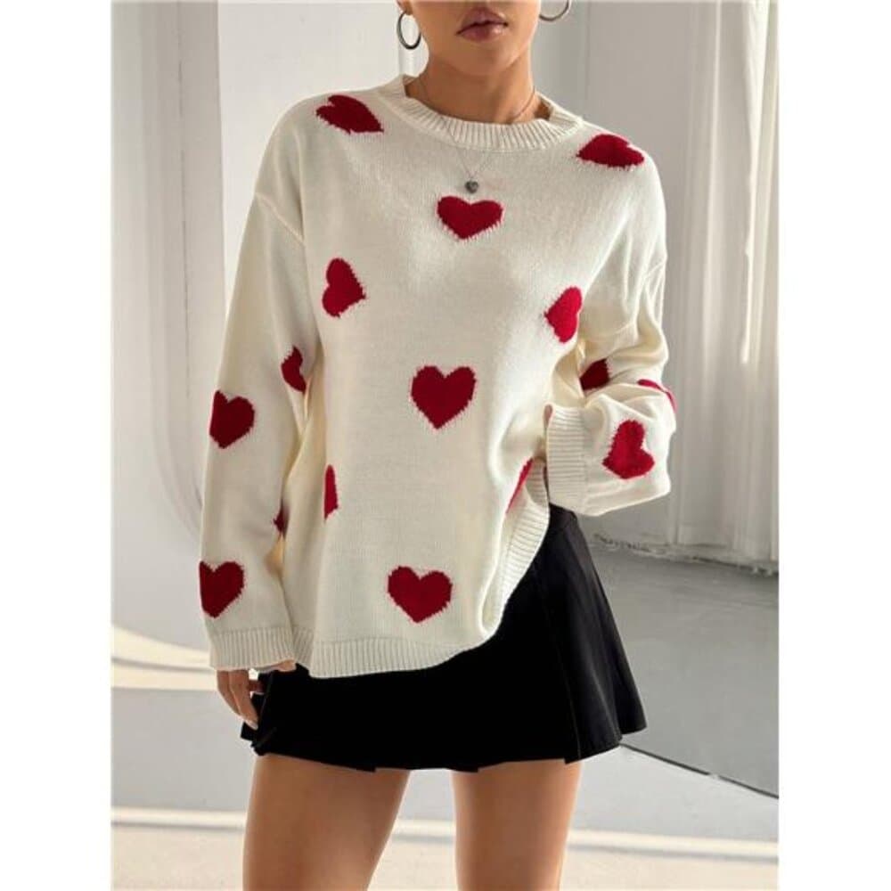 Colorblock Heart Graphic Loose Pullover Sweater, Casual For Autumn/Winter - Thumbnail 2