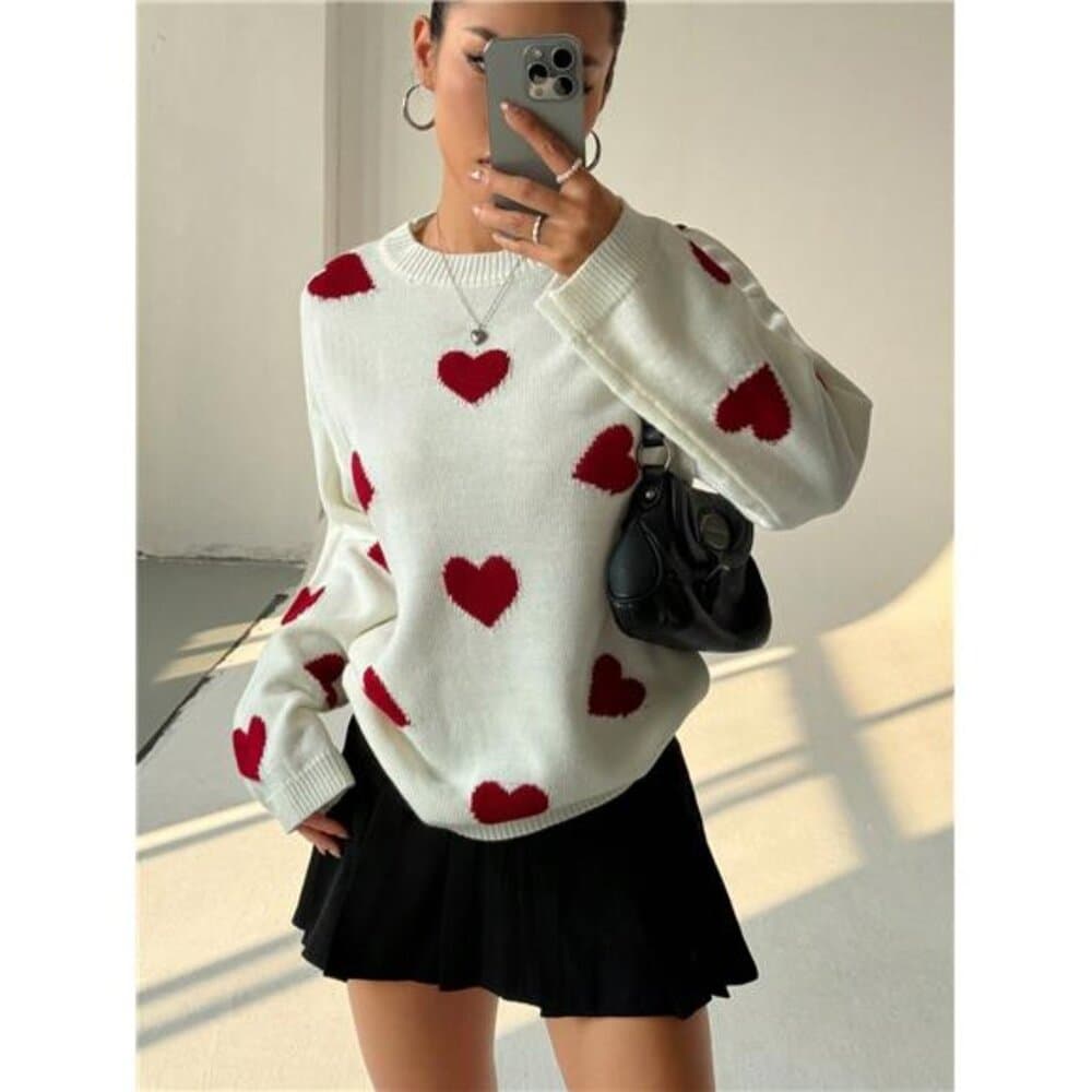Colorblock Heart Graphic Loose Pullover Sweater, Casual For Autumn/Winter - Thumbnail 5