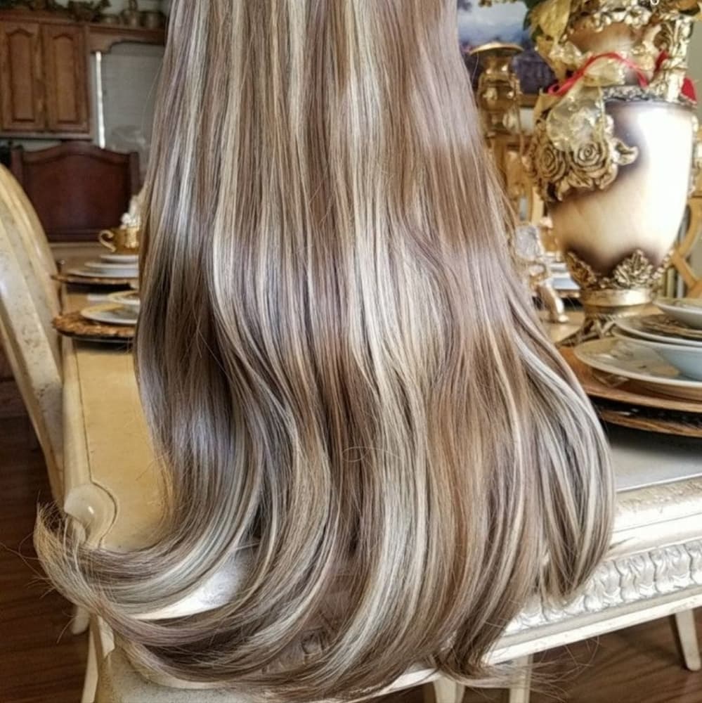 Brown Blonde 20" long synthetic straight hair extensions halo wire fish … - Thumbnail 2
