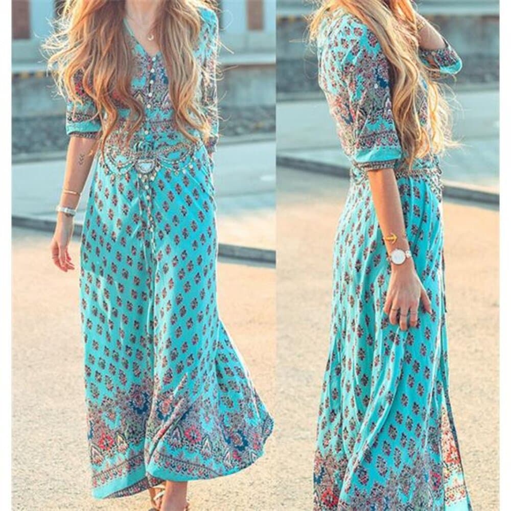 Women's Lady Boho Kimono Sleeve Floral Long Maxi Summer Beach Dress Sundress - Thumbnail 10