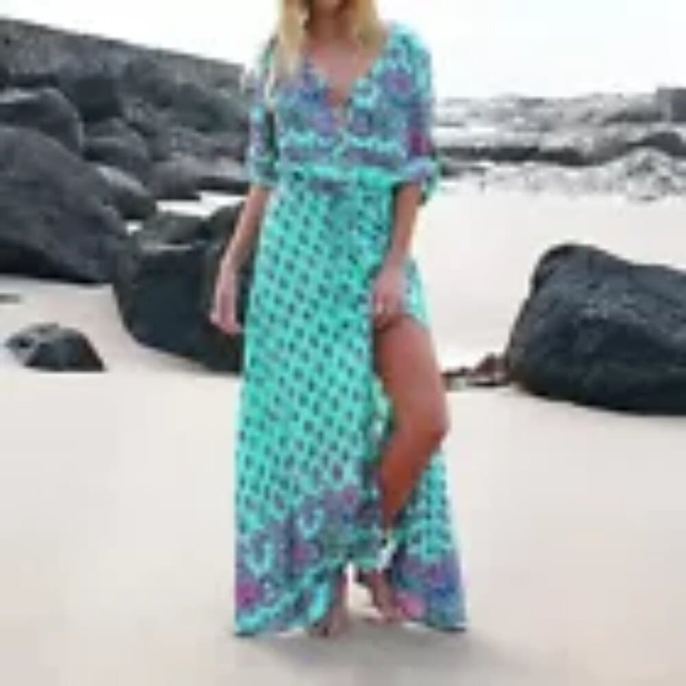 Women's Lady Boho Kimono Sleeve Floral Long Maxi Summer Beach Dress Sundress - Thumbnail 8