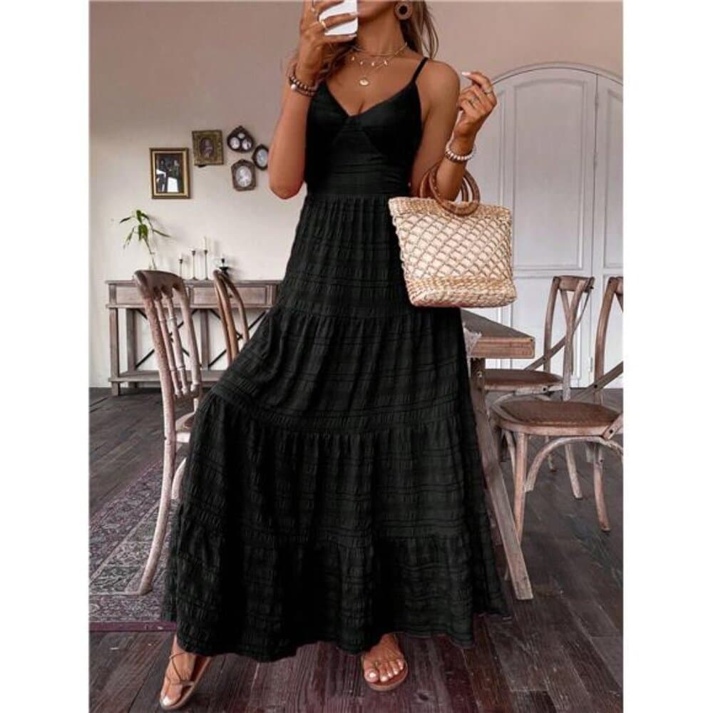 Black Elegant Bohemian Backless Strap Dress For Casual Vacation Maxi Women - Thumbnail 2