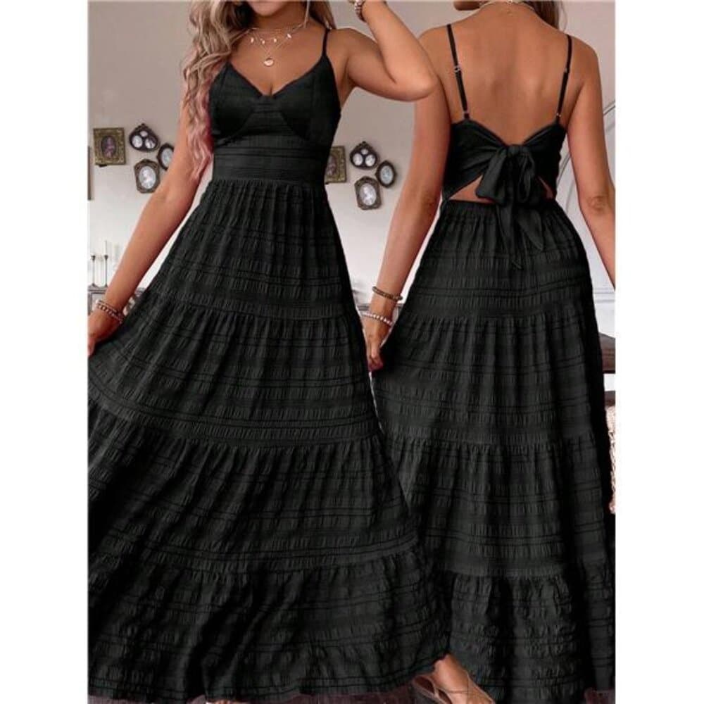 Black Elegant Bohemian Backless Strap Dress For Casual Vacation Maxi Women - Thumbnail 7