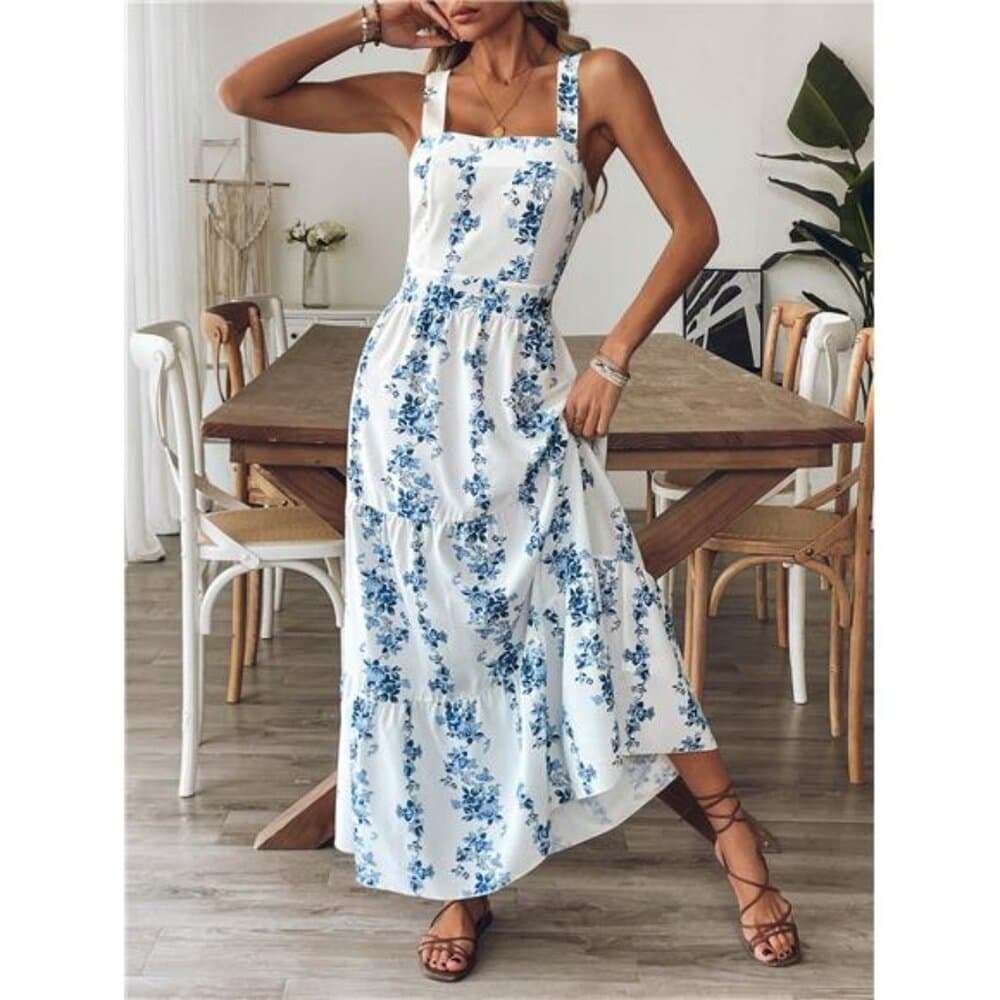 Women Blue & White Print Waist Design Casual Vacation Daily Office - Thumbnail 5
