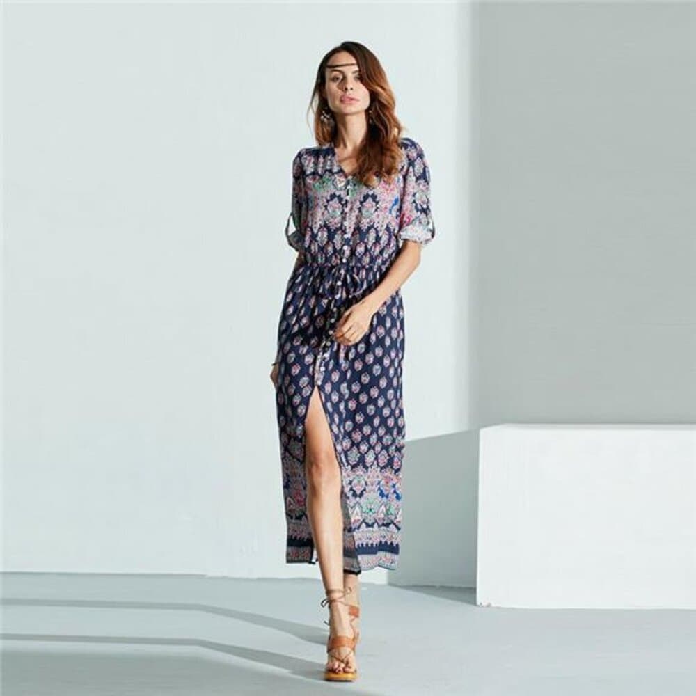 Women's Lady Boho Kimono Sleeve Floral Long Maxi Summer Beach Dress Sundress - Thumbnail 4