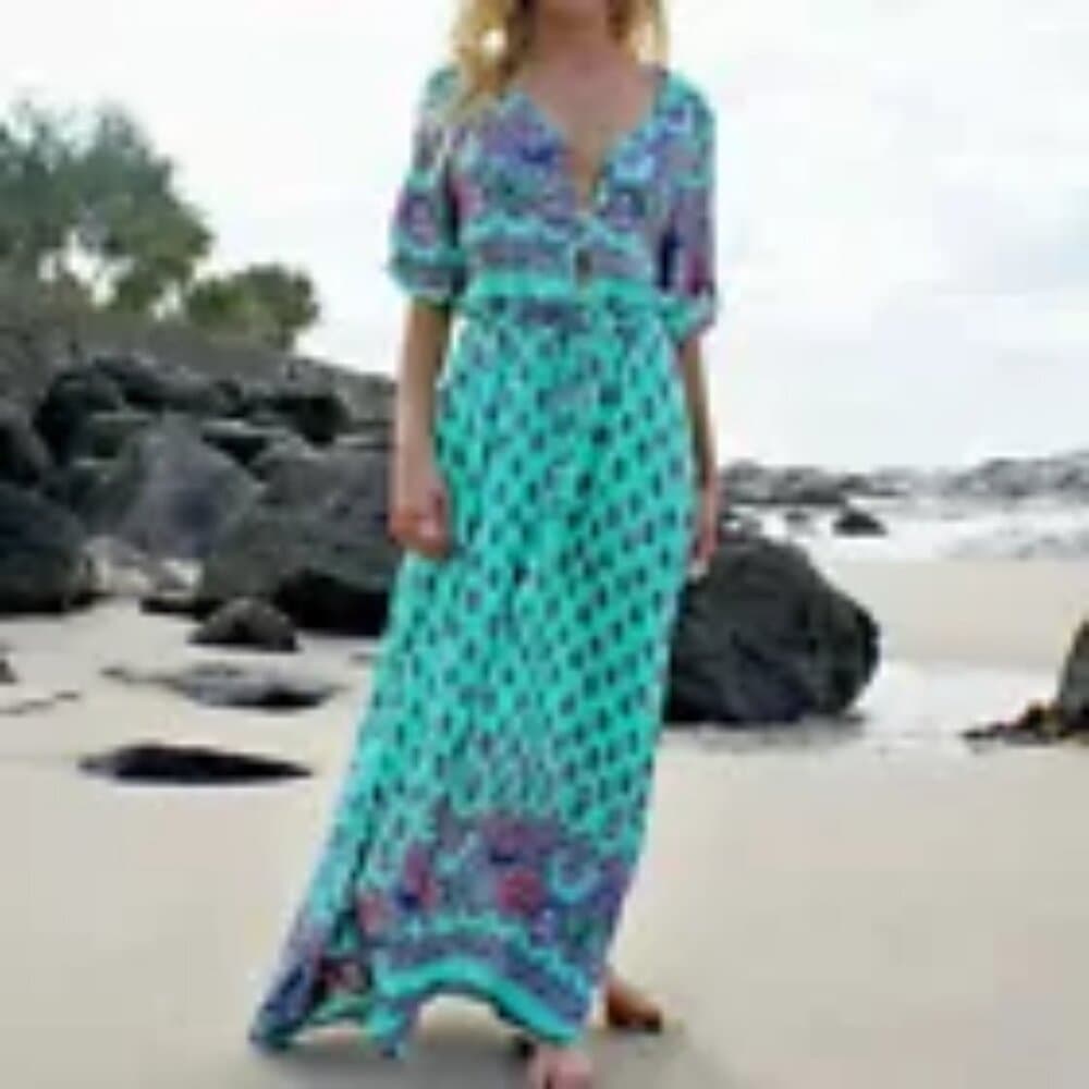 Women's Lady Boho Kimono Sleeve Floral Long Maxi Summer Beach Dress Sundress - Thumbnail 7