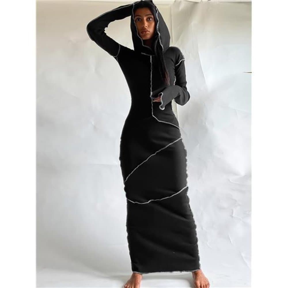 Stitching Hooded Dress, Casual Long Sleeve Maxi Dress, Women's Clothing - Thumbnail 9