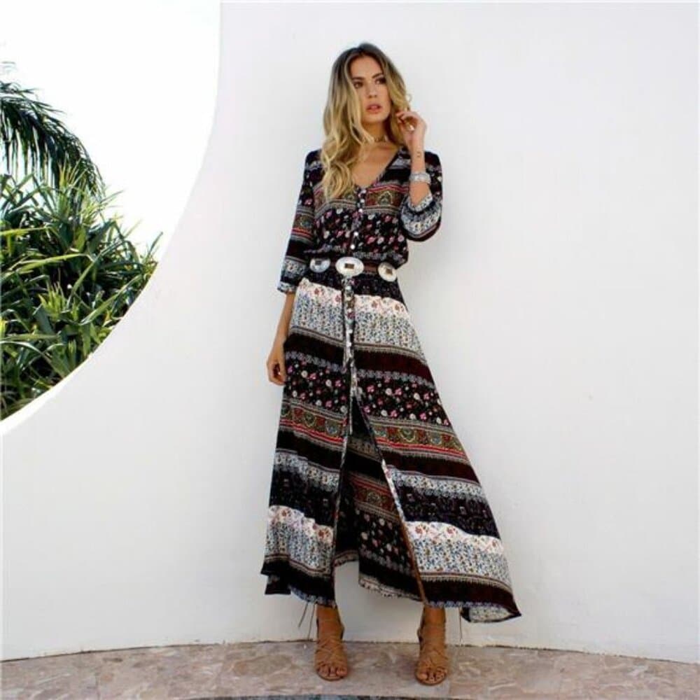 Women's Lady Boho Kimono Sleeve Floral Long Maxi Summer Beach Dress Sundress - Thumbnail 3