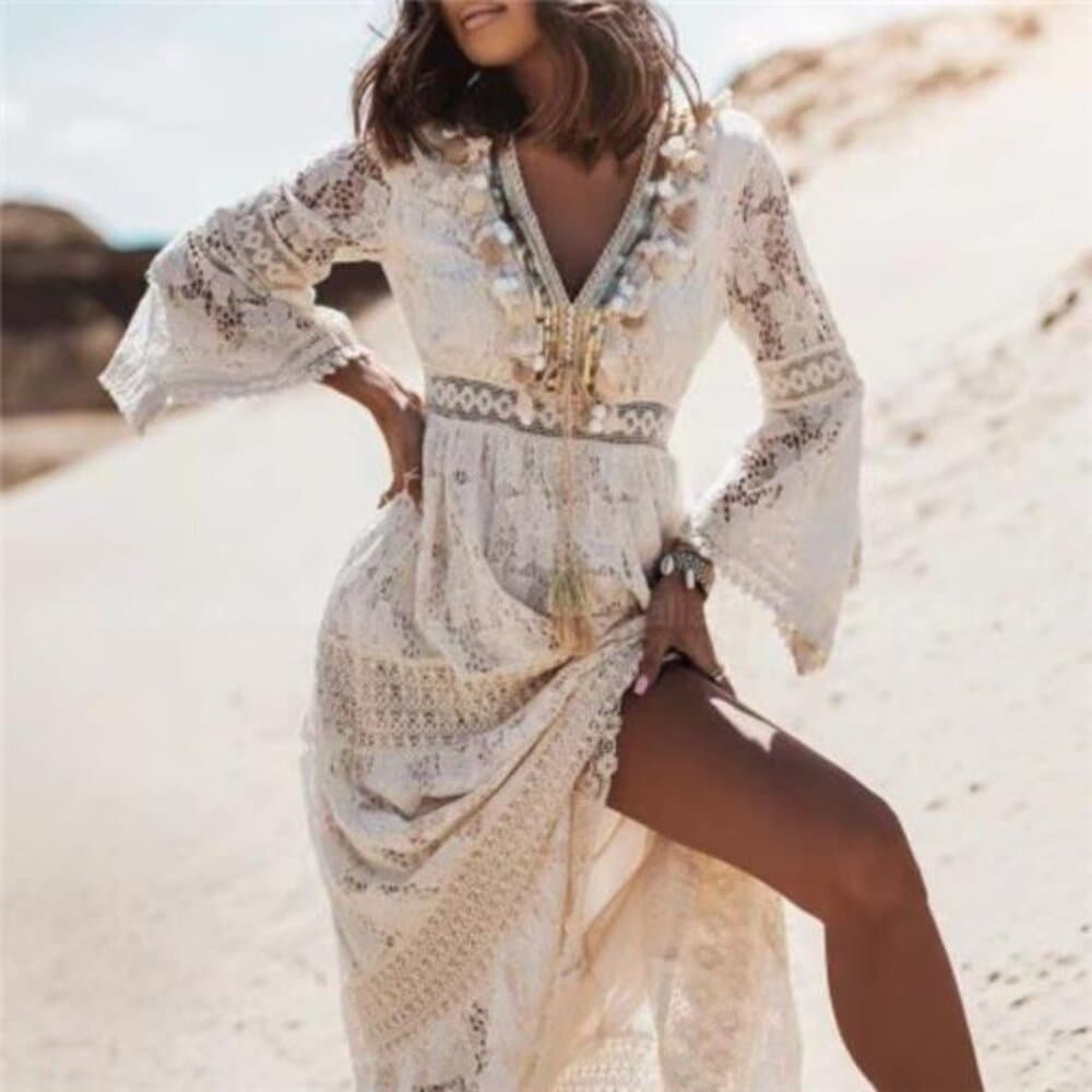 Women's Boho Maxi Lace V Neck Flare Sleeve Dress Summer Party Beach Sundress - Thumbnail 4