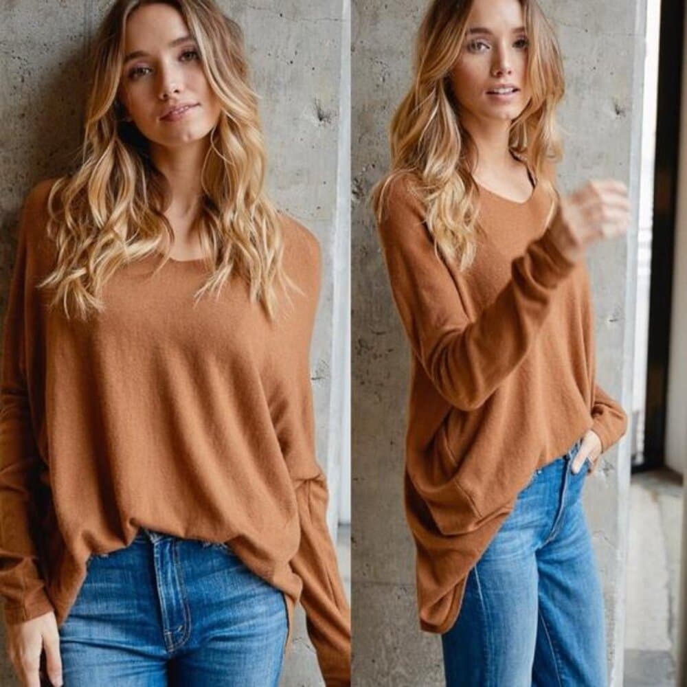 Cozy Camel V neck Oversized Sweater Top