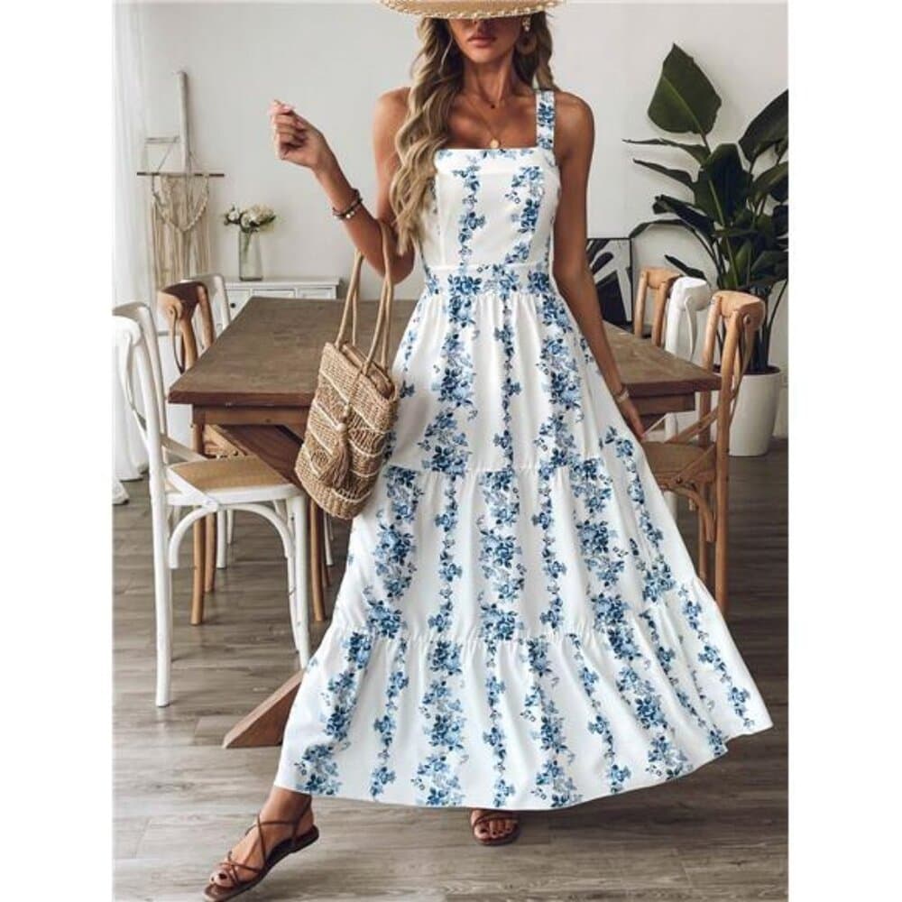 Women Blue & White Print Waist Design Casual Vacation Daily Office - Thumbnail 2
