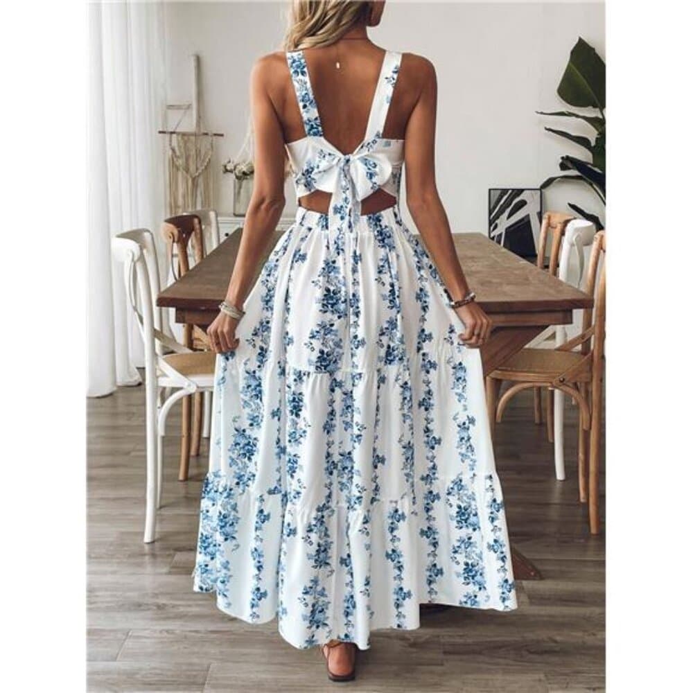 Women Blue & White Print Waist Design Casual Vacation Daily Office - Thumbnail 3