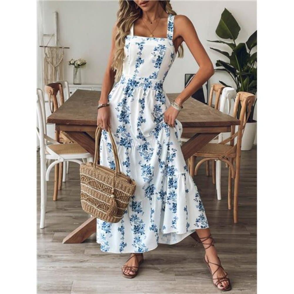 Women Blue & White Print Waist Design Casual Vacation Daily Office - Thumbnail 4