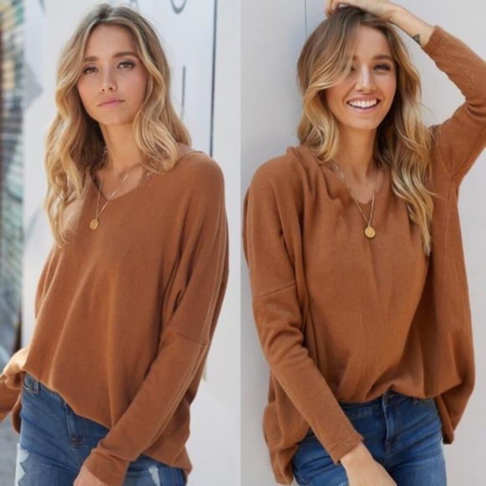 Cozy Camel V neck Oversized Sweater Top - Thumbnail 3