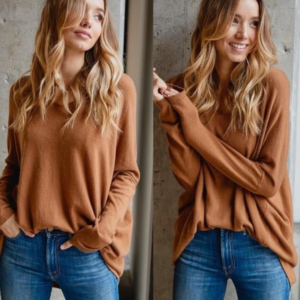 Cozy Camel V neck Oversized Sweater Top - Thumbnail 4