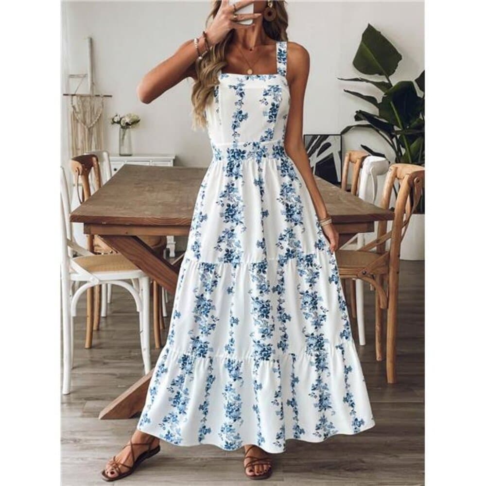 Women Blue & White Print Waist Design Casual Vacation Daily Office - Thumbnail 6