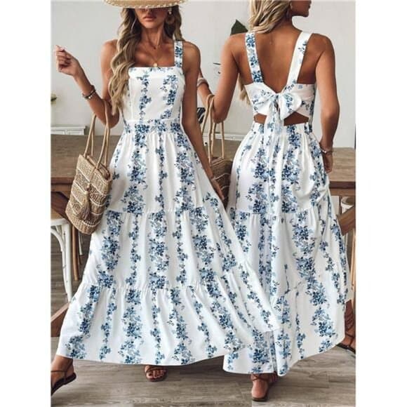 Women Blue & White Print Waist Design Casual Vacation Daily Office - Thumbnail 8