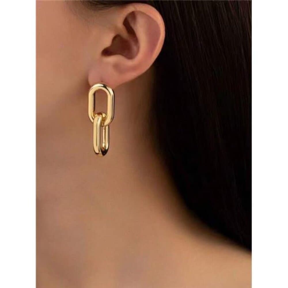 American Style Chunky Chain Design Interlocking Circle Pendant Earrings - Thumbnail 3