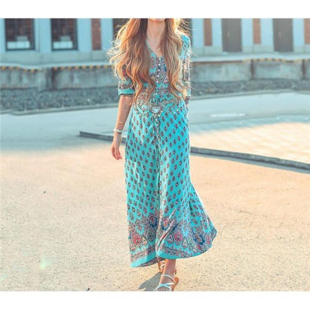 Women's Lady Boho Kimono Sleeve Floral Long Maxi Summer Beach Dress Sundress - Thumbnail 5