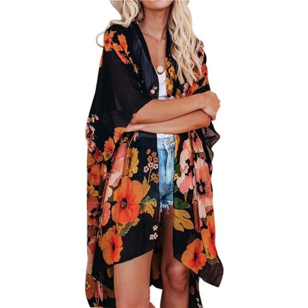 Women's Chiffon Kimono Cardigans Lightweight Batwing Summer Casual - Thumbnail 2