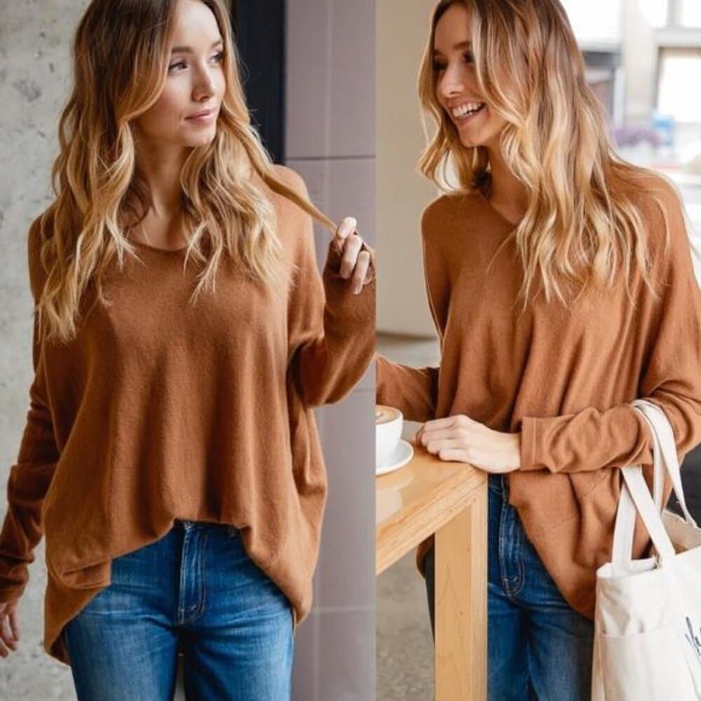 Cozy Camel V neck Oversized Sweater Top - Thumbnail 2