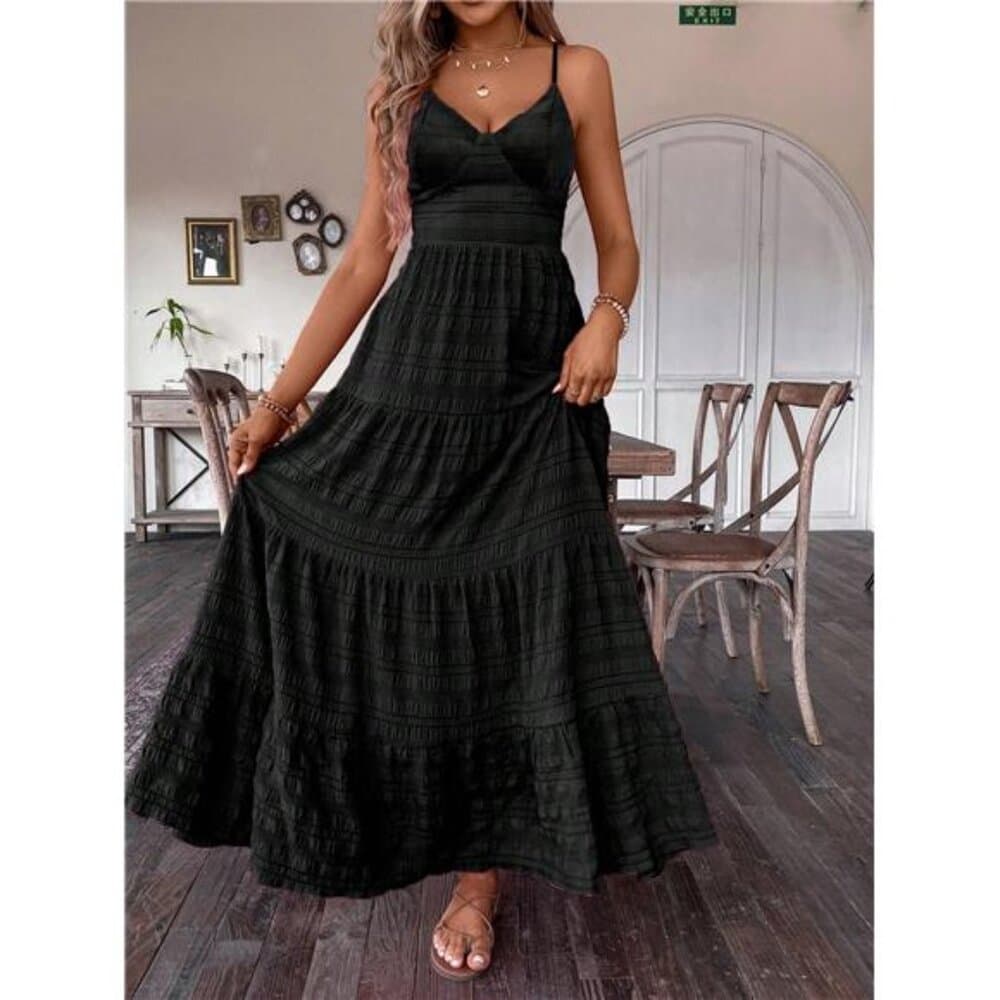 Black Elegant Bohemian Backless Strap Dress For Casual Vacation Maxi Women - Thumbnail 5