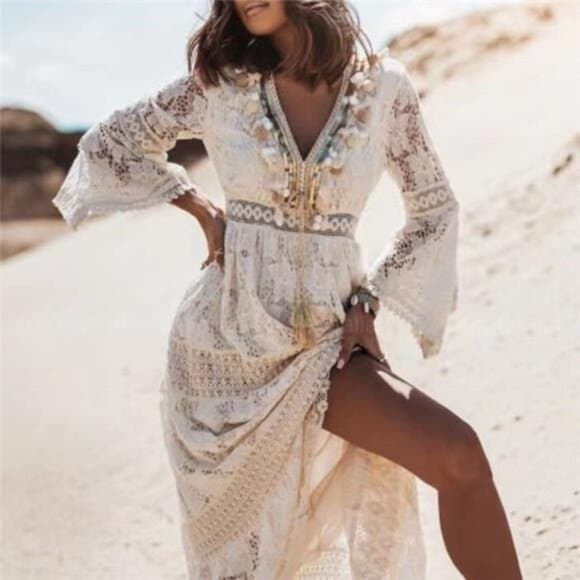 Women's Boho Maxi Lace V Neck Flare Sleeve Dress Summer Party Beach Sundress - Thumbnail 5