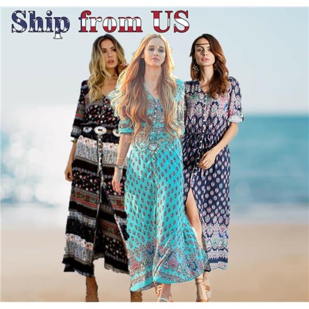 Women's Lady Boho Kimono Sleeve Floral Long Maxi Summer Beach Dress Sundress - Thumbnail 2