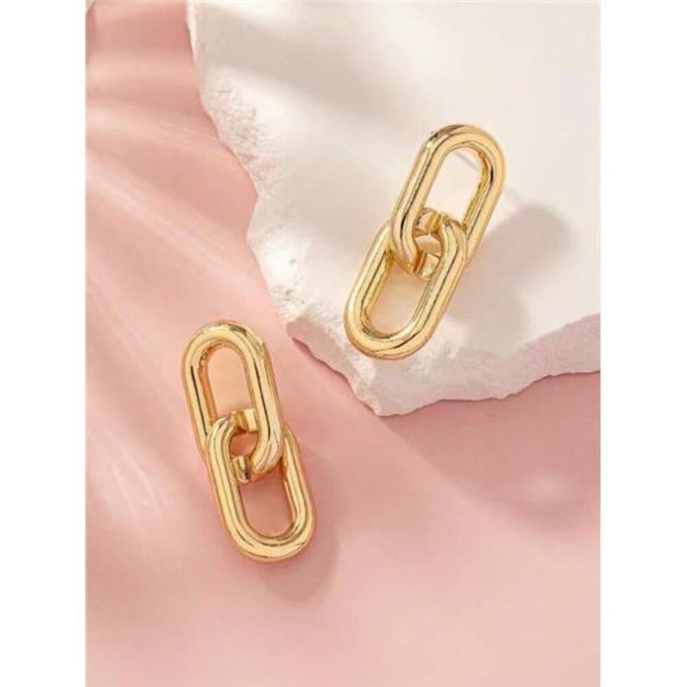 American Style Chunky Chain Design Interlocking Circle Pendant Earrings - Thumbnail 2