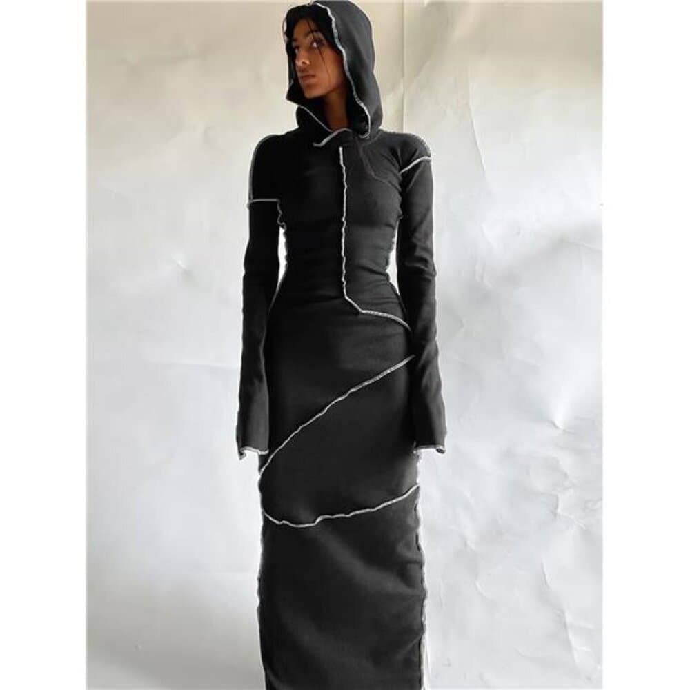 Stitching Hooded Dress, Casual Long Sleeve Maxi Dress, Women's Clothing - Thumbnail 3