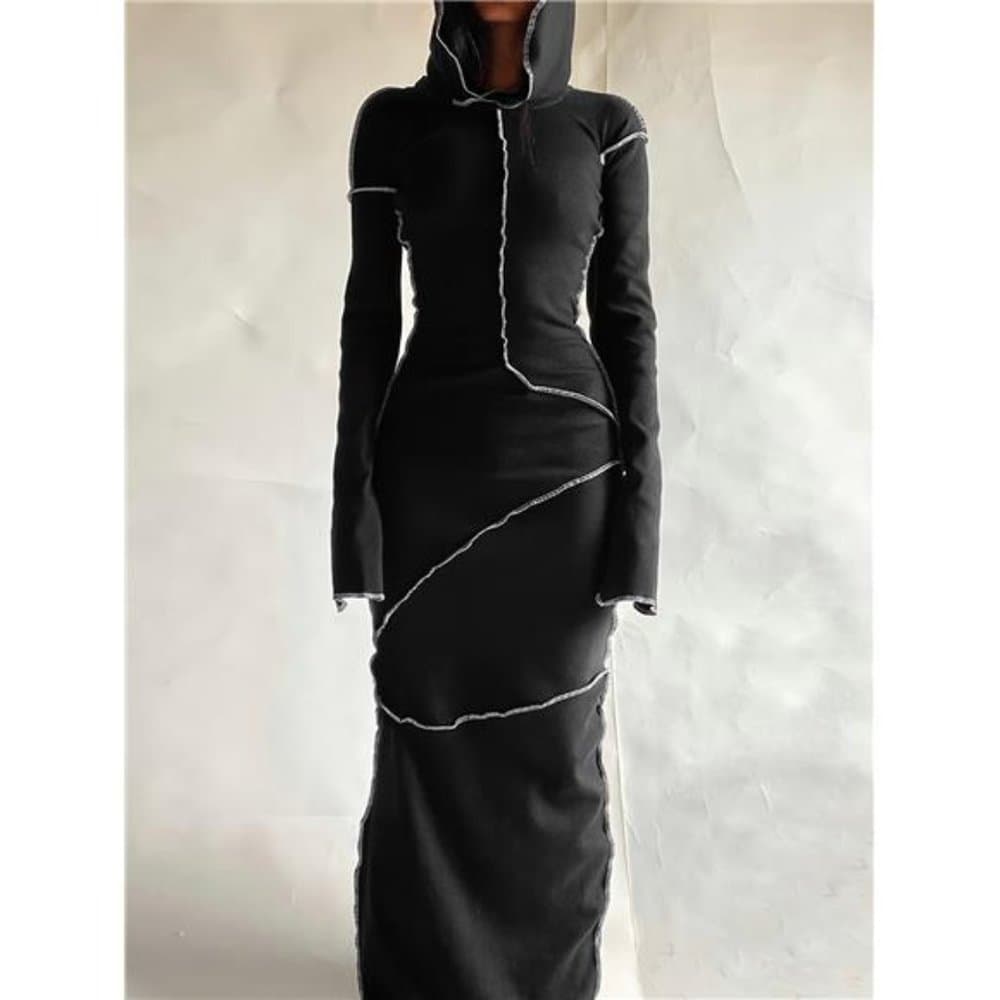 Stitching Hooded Dress, Casual Long Sleeve Maxi Dress, Women's Clothing - Thumbnail 4
