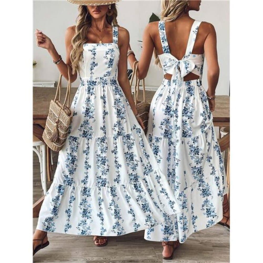 Women Blue & White Print Waist Design Casual Vacation Daily Office - Thumbnail 7