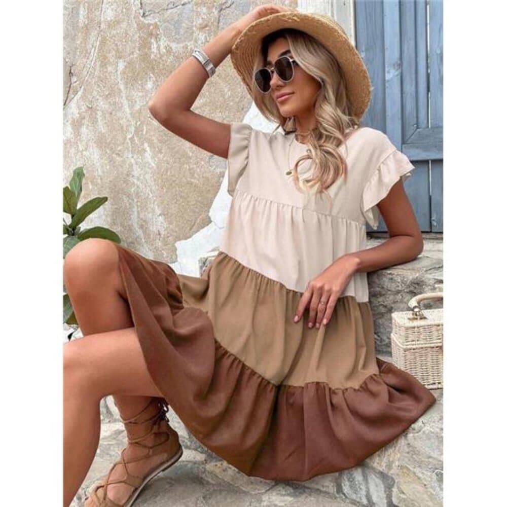 Colorblock Ruffle Hem Smock Dress - Thumbnail 2