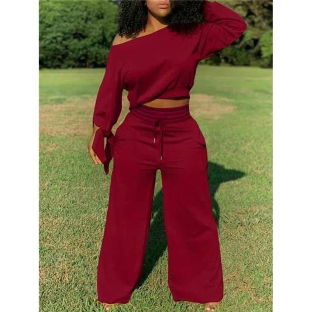 Two-Piece Set Of Oblique Shoulder Sweatshirt And Drawstring Waist Pants - Thumbnail 5