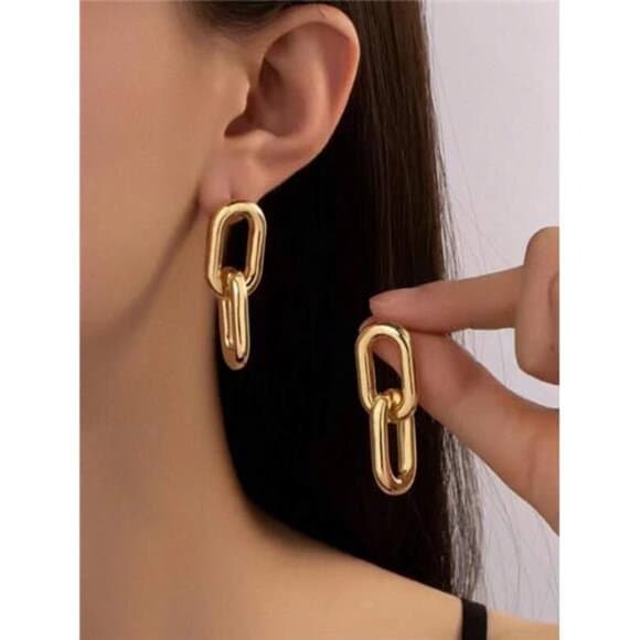 American Style Chunky Chain Design Interlocking Circle Pendant Earrings - Thumbnail 6