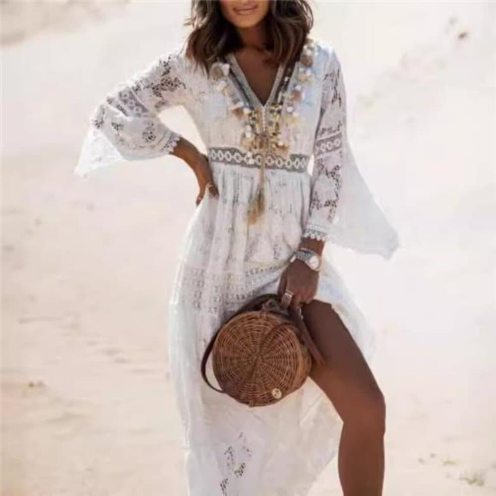 Women's Boho Maxi Lace V Neck Flare Sleeve Dress Summer Party Beach Sundress - Thumbnail 3