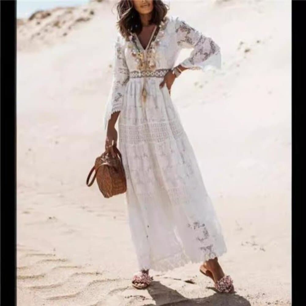 Women's Boho Maxi Lace V Neck Flare Sleeve Dress Summer Party Beach Sundress - Thumbnail 2