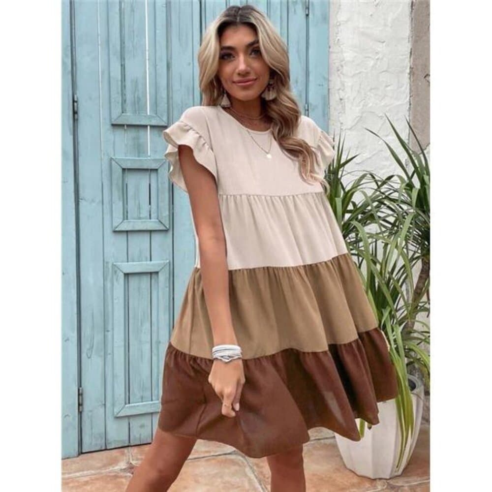 Colorblock Ruffle Hem Smock Dress - Thumbnail 4