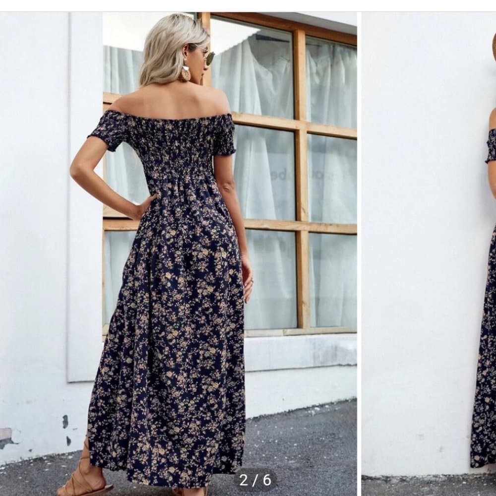 Black ditsy floral shirred off shoulder slit thigh maxi dress - Thumbnail 4