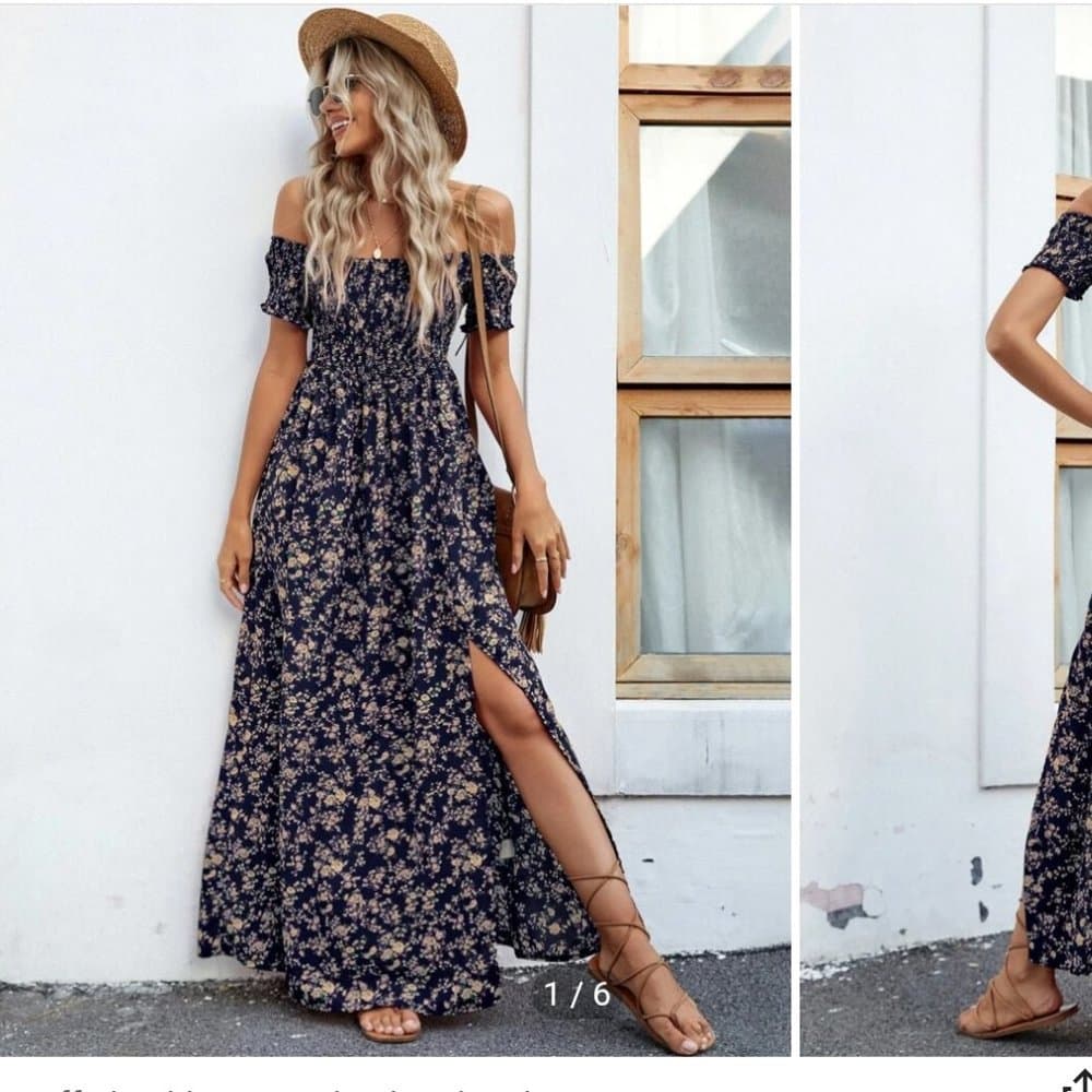 Black ditsy floral shirred off shoulder slit thigh maxi dress - Thumbnail 5