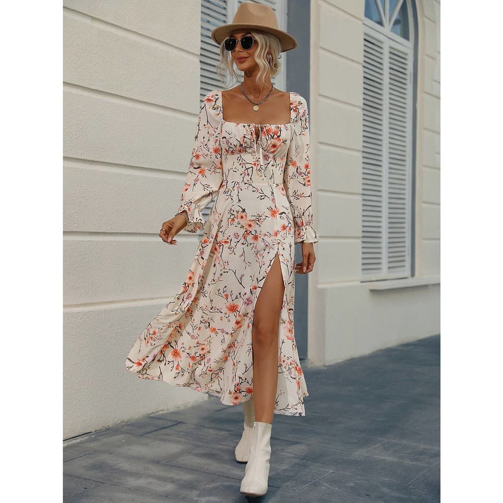 Floral Print Flounce Sleeve Tie Front Split Thigh Dress - Thumbnail 2