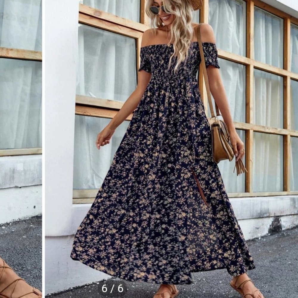 Black ditsy floral shirred off shoulder slit thigh maxi dress - Thumbnail 6