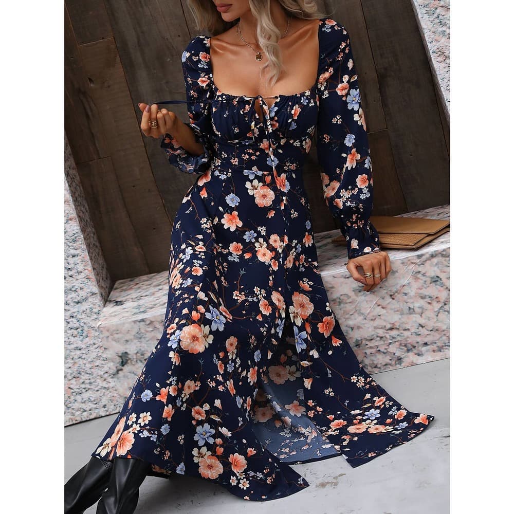 Floral Print Flounce Sleeve Tie Front Split Thigh Dress - Thumbnail 9
