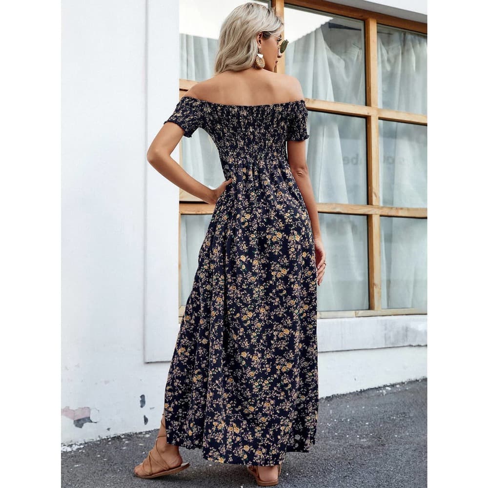 Off Shoulder Ditsy Floral High Split Dress - Thumbnail 3