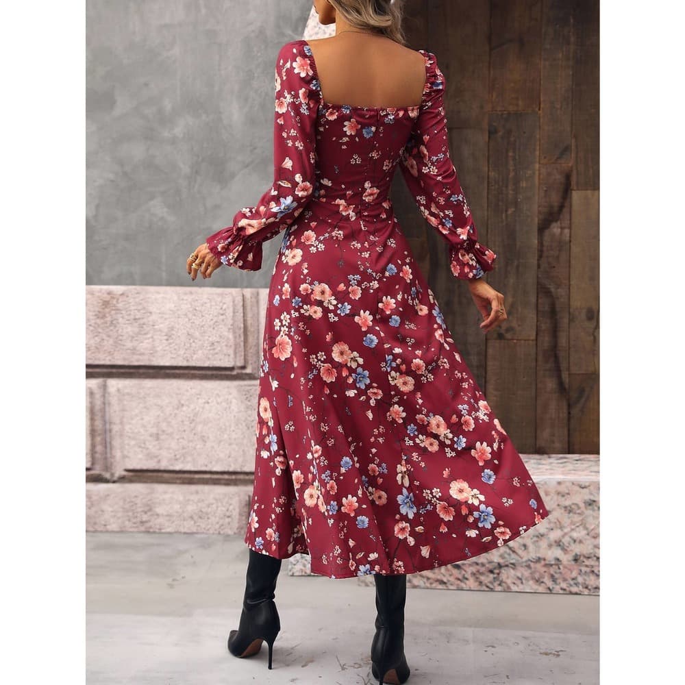 Floral Print Flounce Sleeve Tie Front Split Thigh Dress - Thumbnail 10