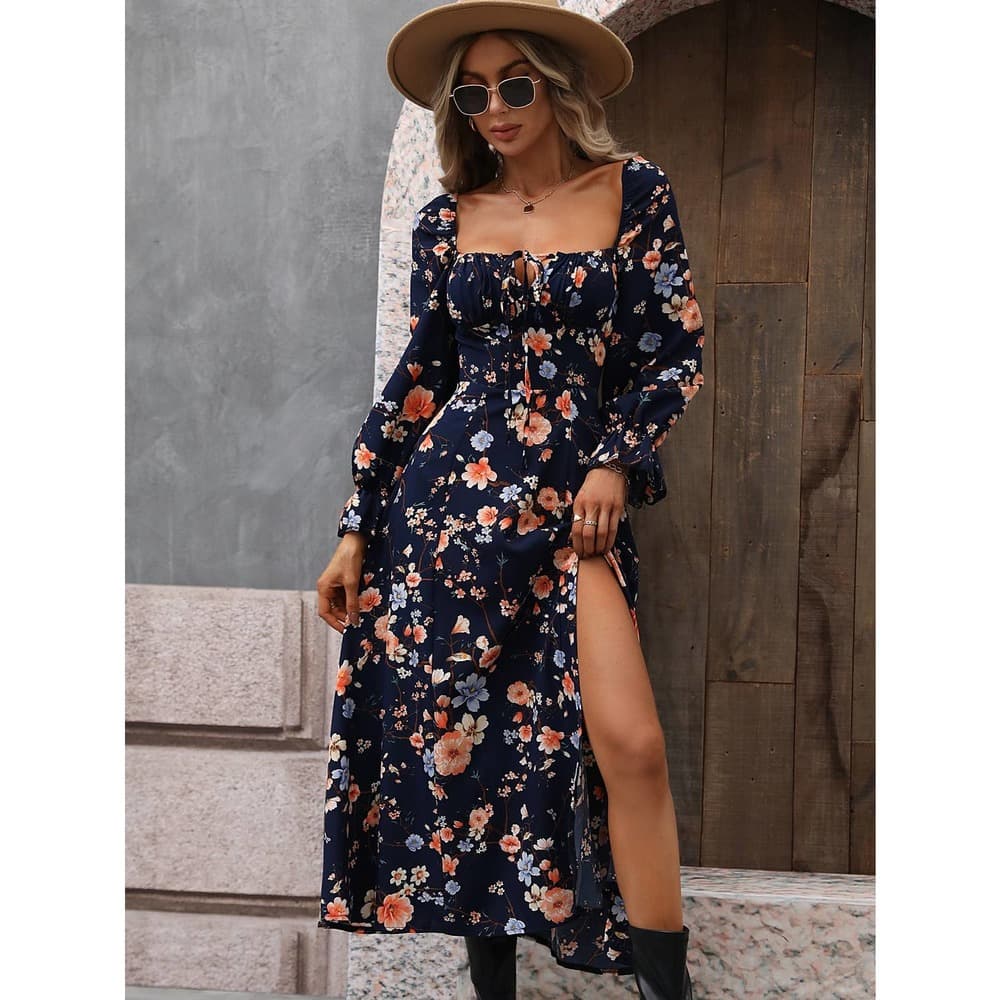 Floral Print Flounce Sleeve Tie Front Split Thigh Dress - Thumbnail 5