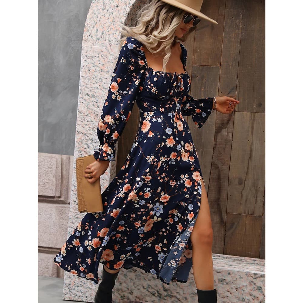 Floral Print Flounce Sleeve Tie Front Split Thigh Dress - Thumbnail 8