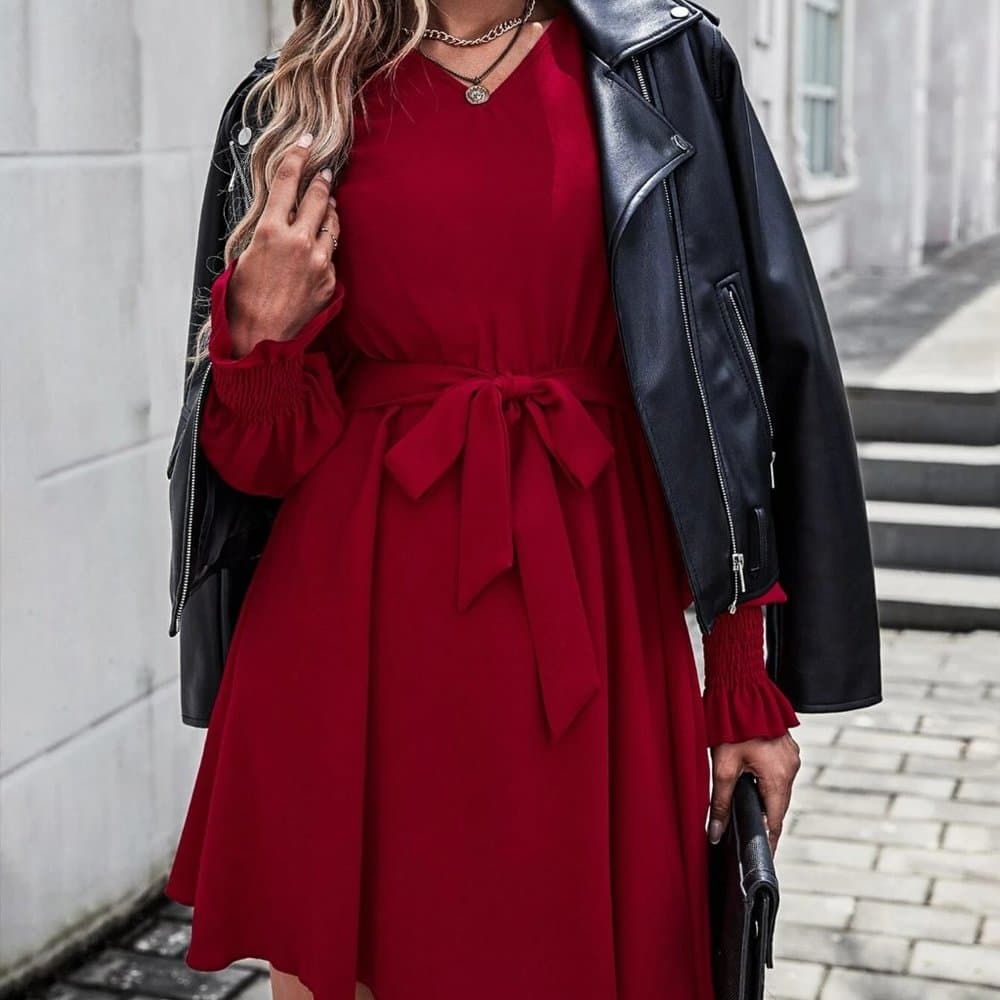 Red V Neck Flounce Sleeve Belted Dress - Thumbnail 2